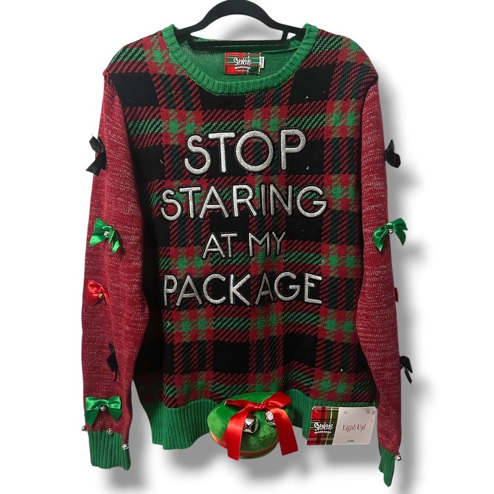 NEW Spencer's Light Up Ugly Christmas Sweater Stop Staring At My Package Mens XL